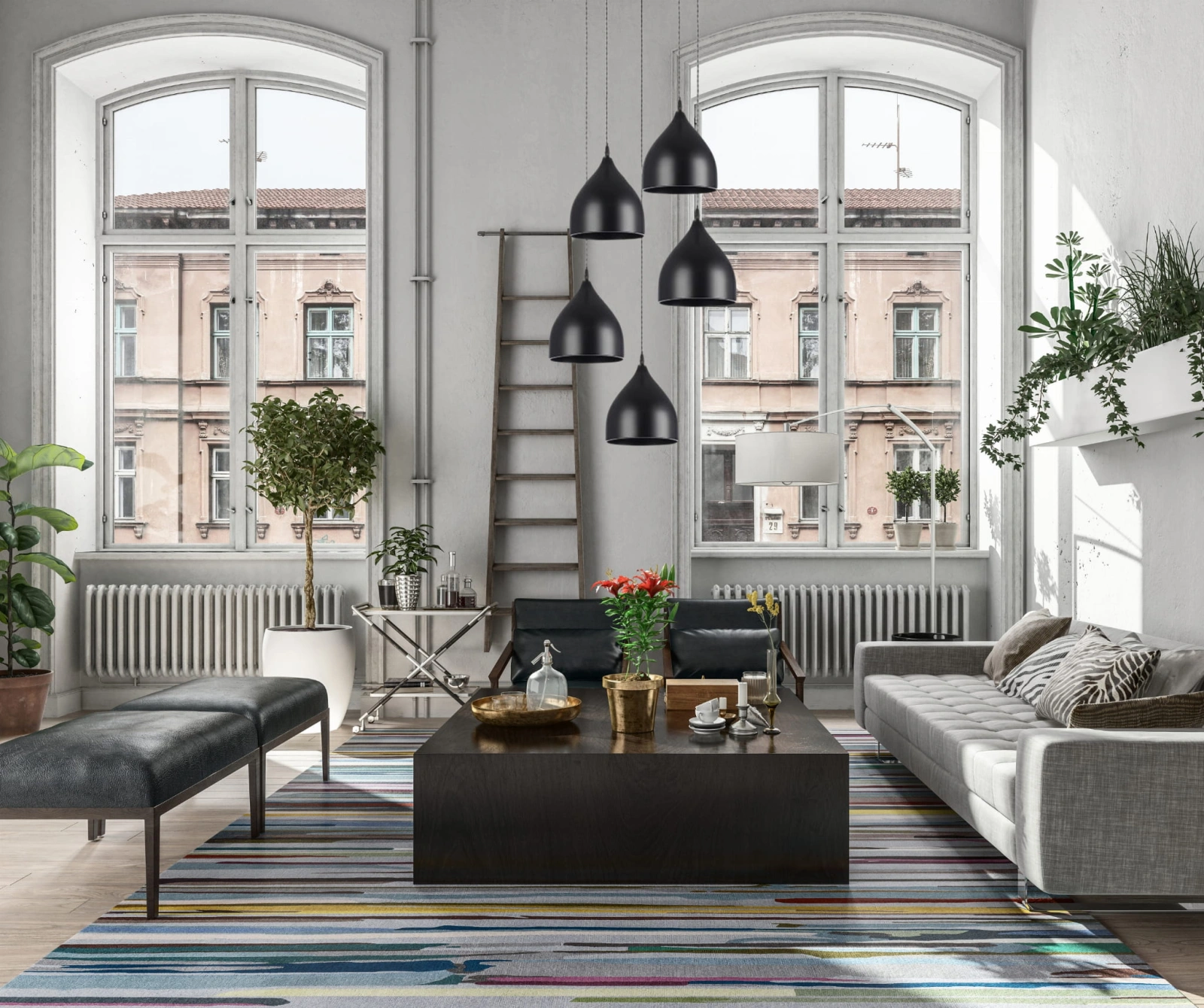 Lampa Noa 5 zawieszona w rustykalnym salonie.jpg