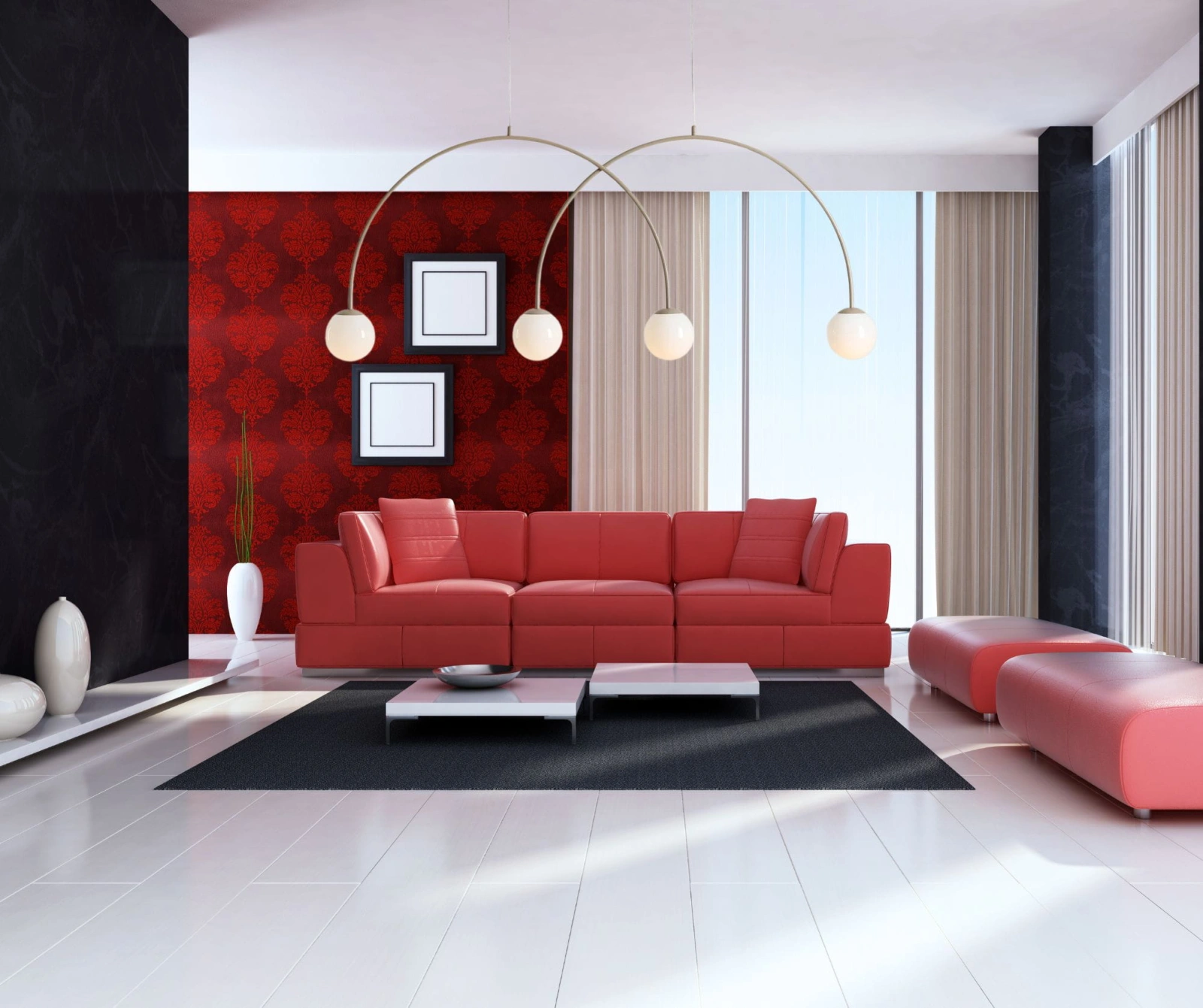 Lampa wisząca Una 4 beige L w salonie z czerwonymi meblami.jpg