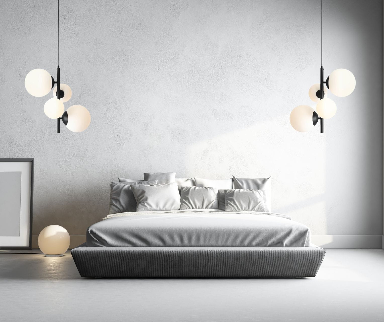 Lampa wisząca Bloom 4 black w minimalistycznej sypialni.jpg