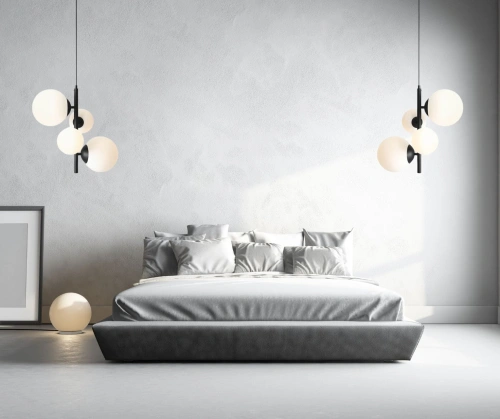 Lampa wisząca Bloom 4 black w minimalistycznej sypialni.jpg