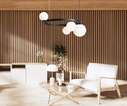 Lampa wiszaca Garda 4 ring black - w salonie z ścianą obudowaną drewnianymi lamelami - aranżacja 4FunDesign.com.jpg