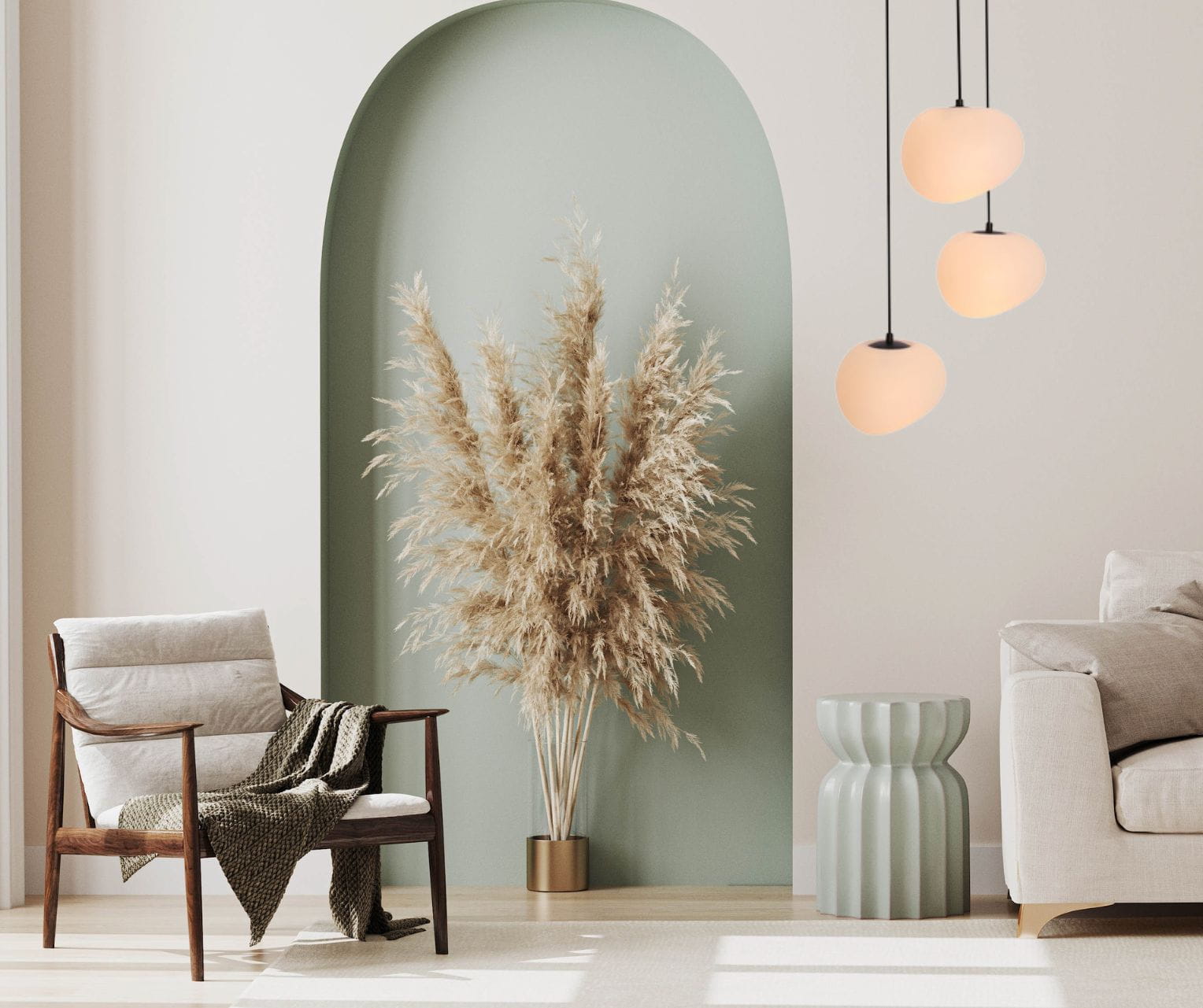 Lampa wisząca Stone 3 na okrągłej podsufitce zawieszona w salonie.jpg