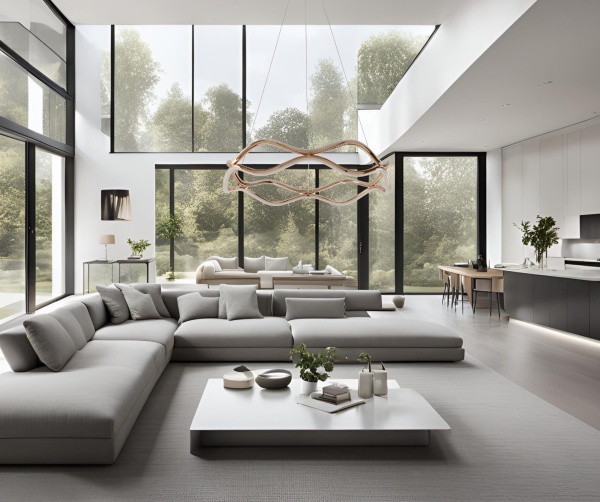 Lampa-LED-Vave-zawieszona-w-dużym-modernistycznym-salonie-4FunDesign.com.