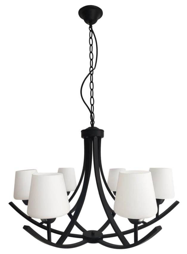Żyrandol Londyn 6 z sześcioma białymi kloszami i metalowymi ramionami, elegancka lampa sufitowa do salonu w nowoczesnym stylu