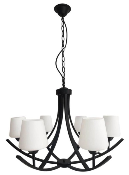 Żyrandol Londyn 6 z sześcioma białymi kloszami i metalowymi ramionami, elegancka lampa sufitowa do salonu w nowoczesnym stylu