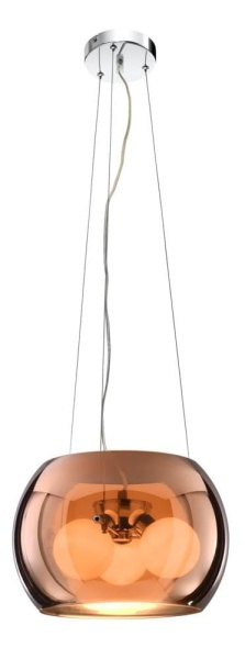 Lampa wisząca Gemo z bursztynowym szklanym kloszem, zawieszona na stalowych linkach z chromowaną podsufitką, nowoczesne oświetlenie do salonu i jadalni.