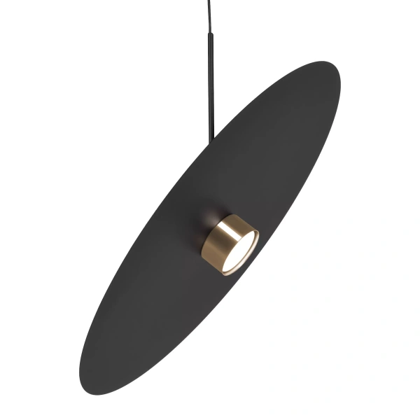 Burgas czarna lampa wisząca K-5458 z okrągłą czarną tarczą i złotym źródłem światła – nowoczesna forma do współczesnych wnętrz.