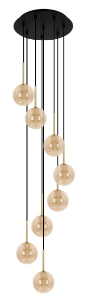 Lampa wisząca Galaxy 8 K-5562 z czarną podsufitką i ośmioma szklanymi kulami w ciepłym odcieniu bursztynu – nowoczesna forma do wysokich wnętrz.
