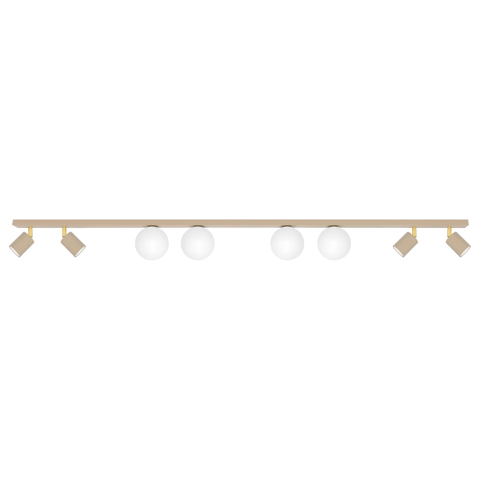 Aspa K-5833 lampa sufitowa w kolorze beżowym z pięcioma mlecznymi kulami i czterema reflektorkami – eleganckie oświetlenie do nowoczesnych wnętrz.