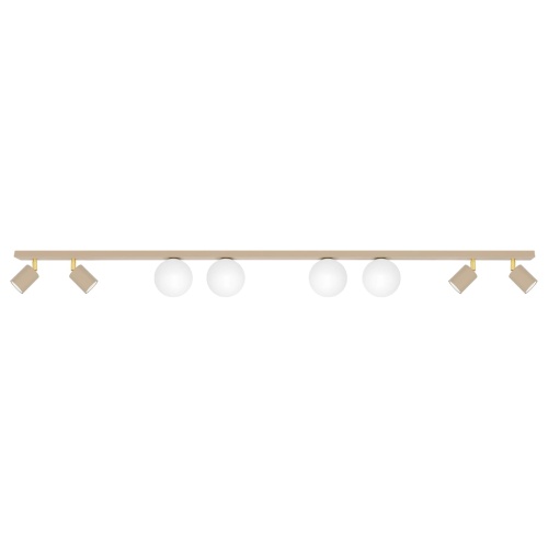 Aspa K-5833 lampa sufitowa w kolorze beżowym z pięcioma mlecznymi kulami i czterema reflektorkami – eleganckie oświetlenie do nowoczesnych wnętrz.
