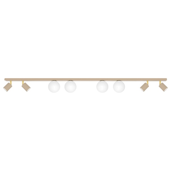 Aspa K-5833 lampa sufitowa w kolorze beżowym z pięcioma mlecznymi kulami i czterema reflektorkami – eleganckie oświetlenie do nowoczesnych wnętrz.
