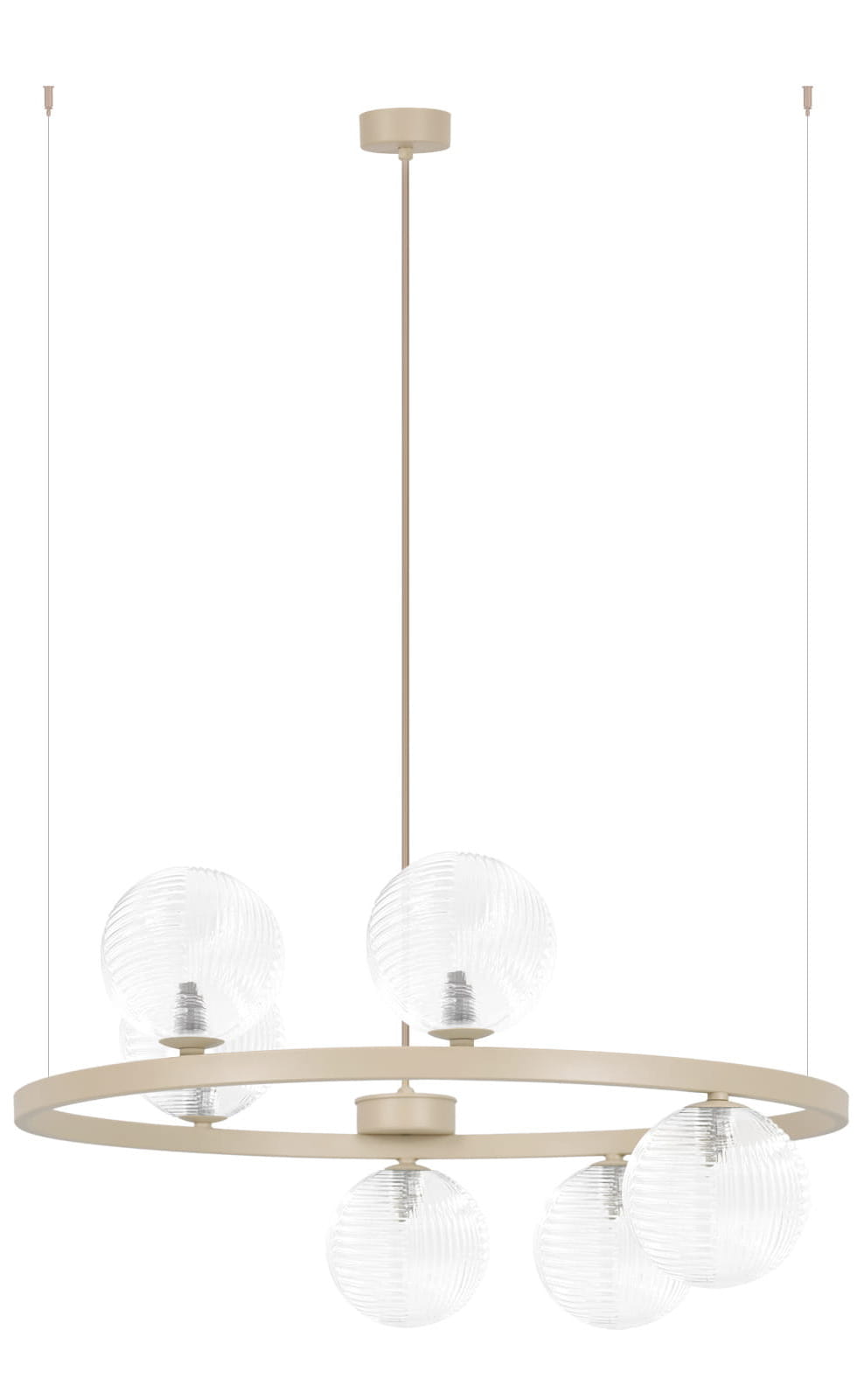 Lampa wisząca Tesoro 6 K-5700 w kolorze beżowym z sześcioma transparentnymi, prążkowanymi kloszami rozmieszczonymi na okrągłym pierścieniu.