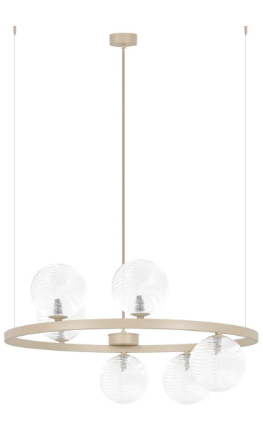 Lampa wisząca Tesoro 6 K-5700 w kolorze beżowym z sześcioma transparentnymi, prążkowanymi kloszami rozmieszczonymi na okrągłym pierścieniu.
