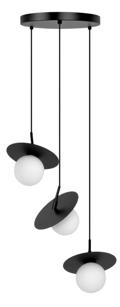 Lampa wisząca Sante 3 z czarną, okrągłą podsufitką i trzema kulistymi kloszami pod talerzowymi osłonami – nowoczesna forma o zróżnicowanej wysokości zawieszenia.