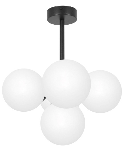 Lampa sufitowa Inez z pięcioma mlecznymi kulami rozmieszczonymi wokół centralnej czarnej konstrukcji – nowoczesna i kompaktowa forma oświetlenia do salonu i sypialni.