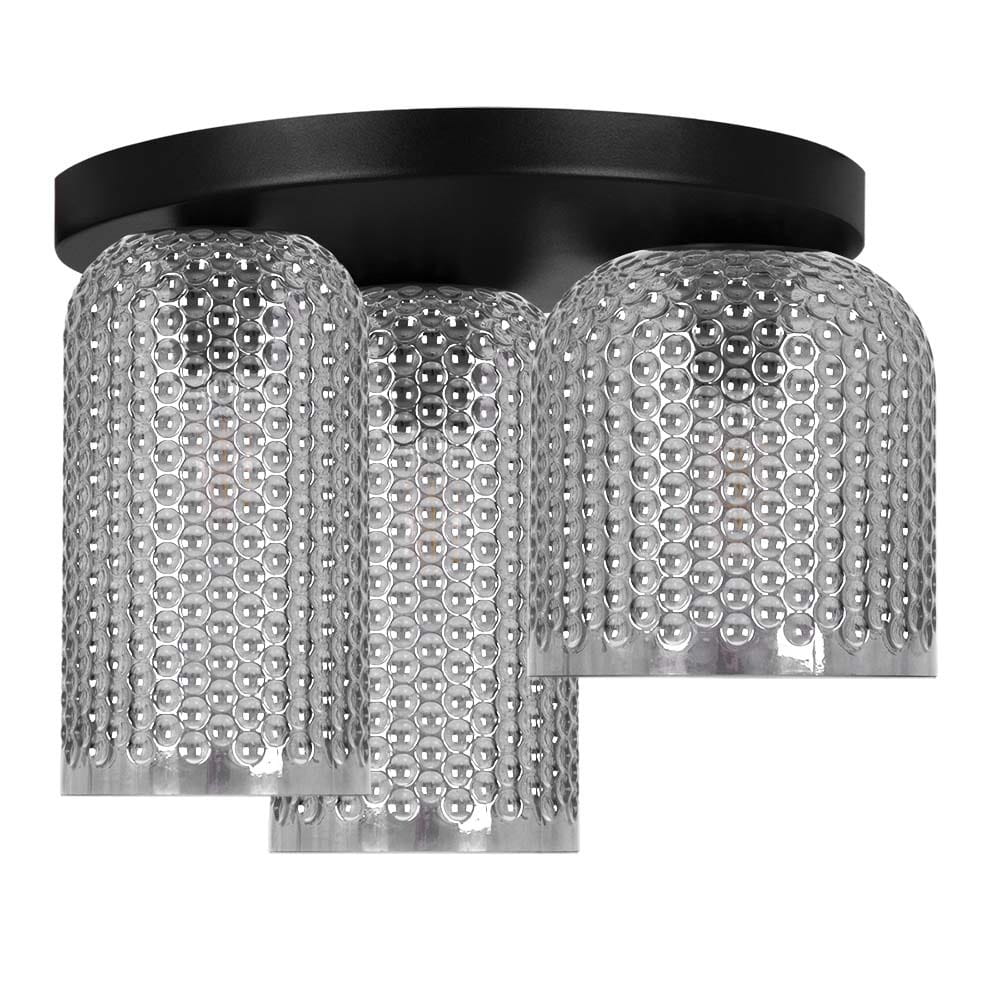 Lampa sufitowa Inga 3 z trzema cylindrycznymi szklanymi kloszami o strukturalnej fakturze i czarną podsufitką – nowoczesna i dekoracyjna forma oświetlenia.