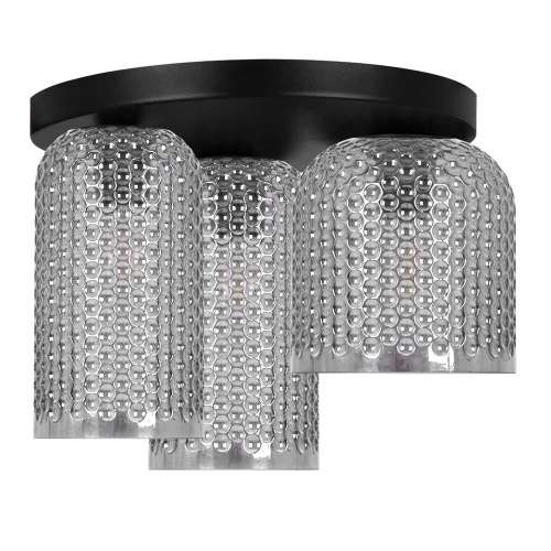 Lampa sufitowa Inga 3 z trzema cylindrycznymi szklanymi kloszami o strukturalnej fakturze i czarną podsufitką – nowoczesna i dekoracyjna forma oświetlenia.