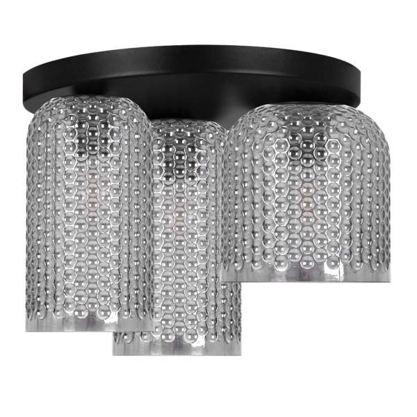 Lampa sufitowa Inga 3 z trzema cylindrycznymi szklanymi kloszami o strukturalnej fakturze i czarną podsufitką – nowoczesna i dekoracyjna forma oświetlenia.