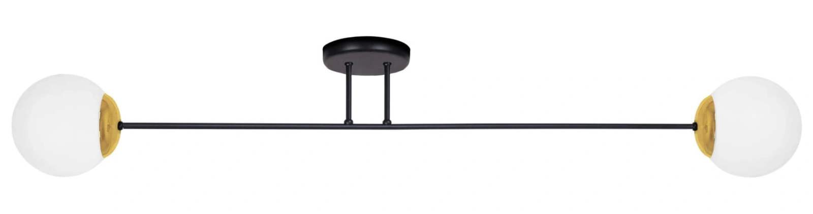 Lampa sufitowa Isla 2 z dwoma mlecznymi kulami, czarną konstrukcją i drewnopodobnymi detalami – minimalistyczna forma do wnętrz w stylu japandi i skandynawskim.