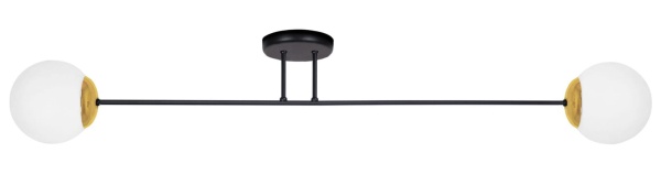 Lampa sufitowa Isla 2 z dwoma mlecznymi kulami, czarną konstrukcją i drewnopodobnymi detalami – minimalistyczna forma do wnętrz w stylu japandi i skandynawskim.