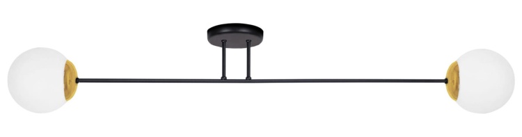Lampa sufitowa Isla 2 z dwoma mlecznymi kulami, czarną konstrukcją i drewnopodobnymi detalami – minimalistyczna forma do wnętrz w stylu japandi i skandynawskim.