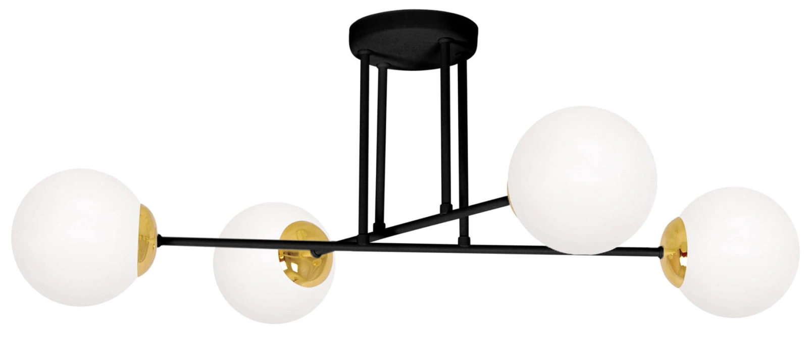 Lampa sufitowa Isla 4 z czterema mlecznymi kulami, czarną konstrukcją i złotymi detalami – nowoczesna propozycja do eleganckich wnętrz.