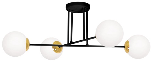 Lampa sufitowa Isla 4 z czterema mlecznymi kulami, czarną konstrukcją i złotymi detalami – nowoczesna propozycja do eleganckich wnętrz.