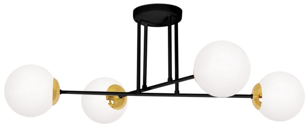 Lampa sufitowa Isla 4 z czterema mlecznymi kulami, czarną konstrukcją i złotymi detalami – nowoczesna propozycja do eleganckich wnętrz.