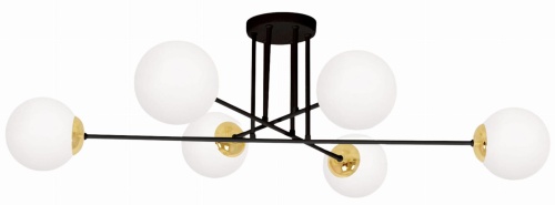 Nowoczesna lampa sufitowa Isla 6 z czarną konstrukcją, sześcioma mlecznymi kulami i złotymi detalami – geometryczna forma do eleganckich przestrzeni.