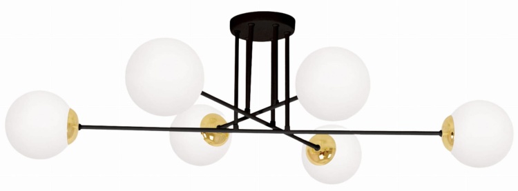 Nowoczesna lampa sufitowa Isla 6 z czarną konstrukcją, sześcioma mlecznymi kulami i złotymi detalami – geometryczna forma do eleganckich przestrzeni.