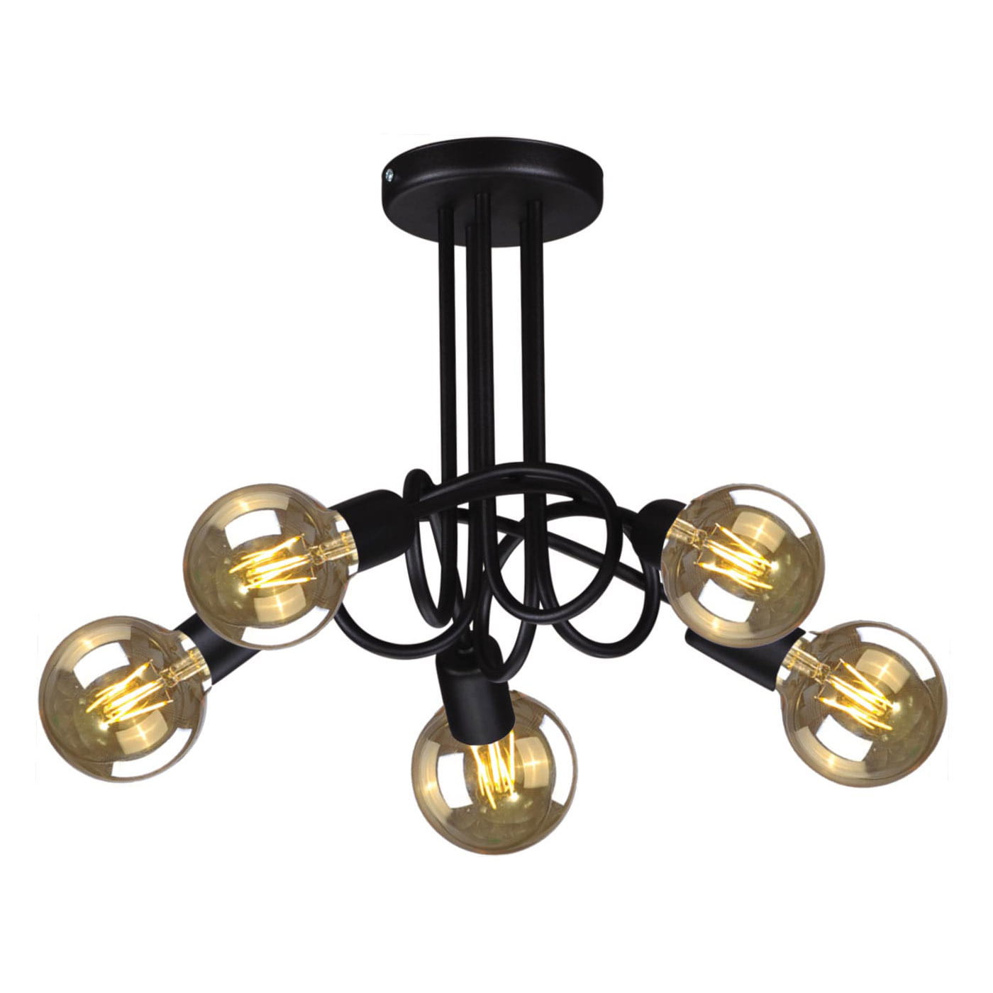 Lampa sufitowa Deze 5 z czarną konstrukcją i pięcioma otwartymi punktami świetlnymi – idealna do żarówek LED w stylu retro, bez opcji ściemniania.