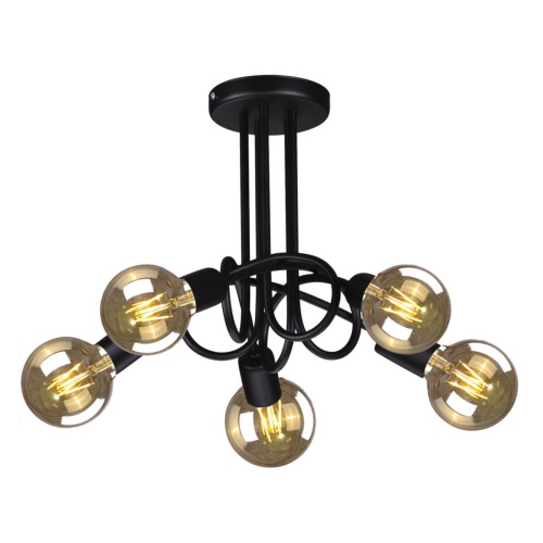 Lampa sufitowa Deze 5 z czarną konstrukcją i pięcioma otwartymi punktami świetlnymi – idealna do żarówek LED w stylu retro, bez opcji ściemniania.