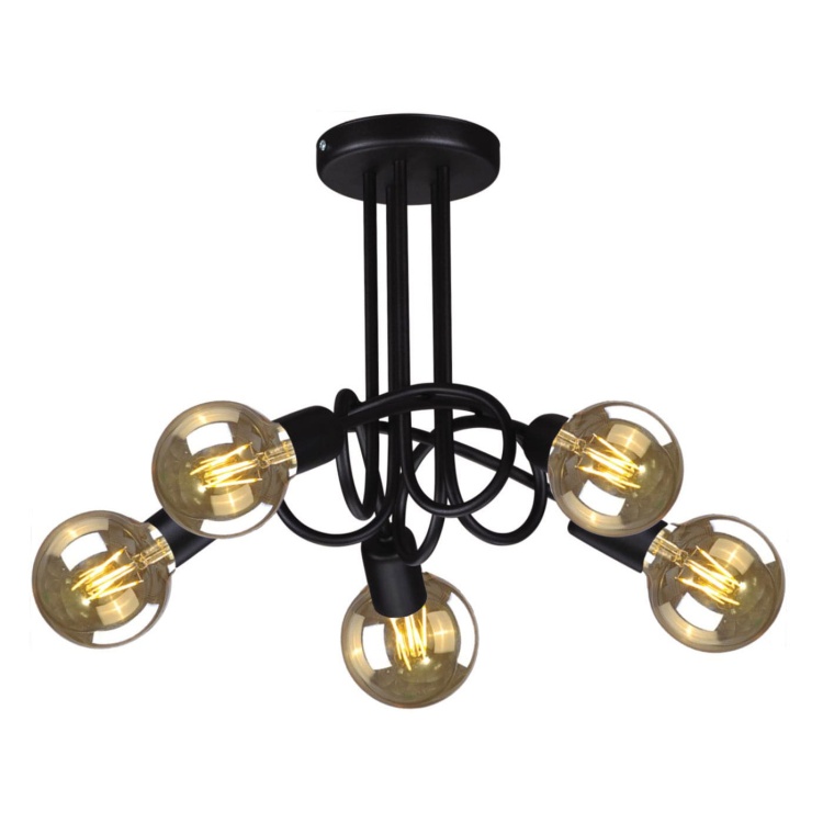 Lampa sufitowa Deze 5 z czarną konstrukcją i pięcioma otwartymi punktami świetlnymi – idealna do żarówek LED w stylu retro, bez opcji ściemniania.