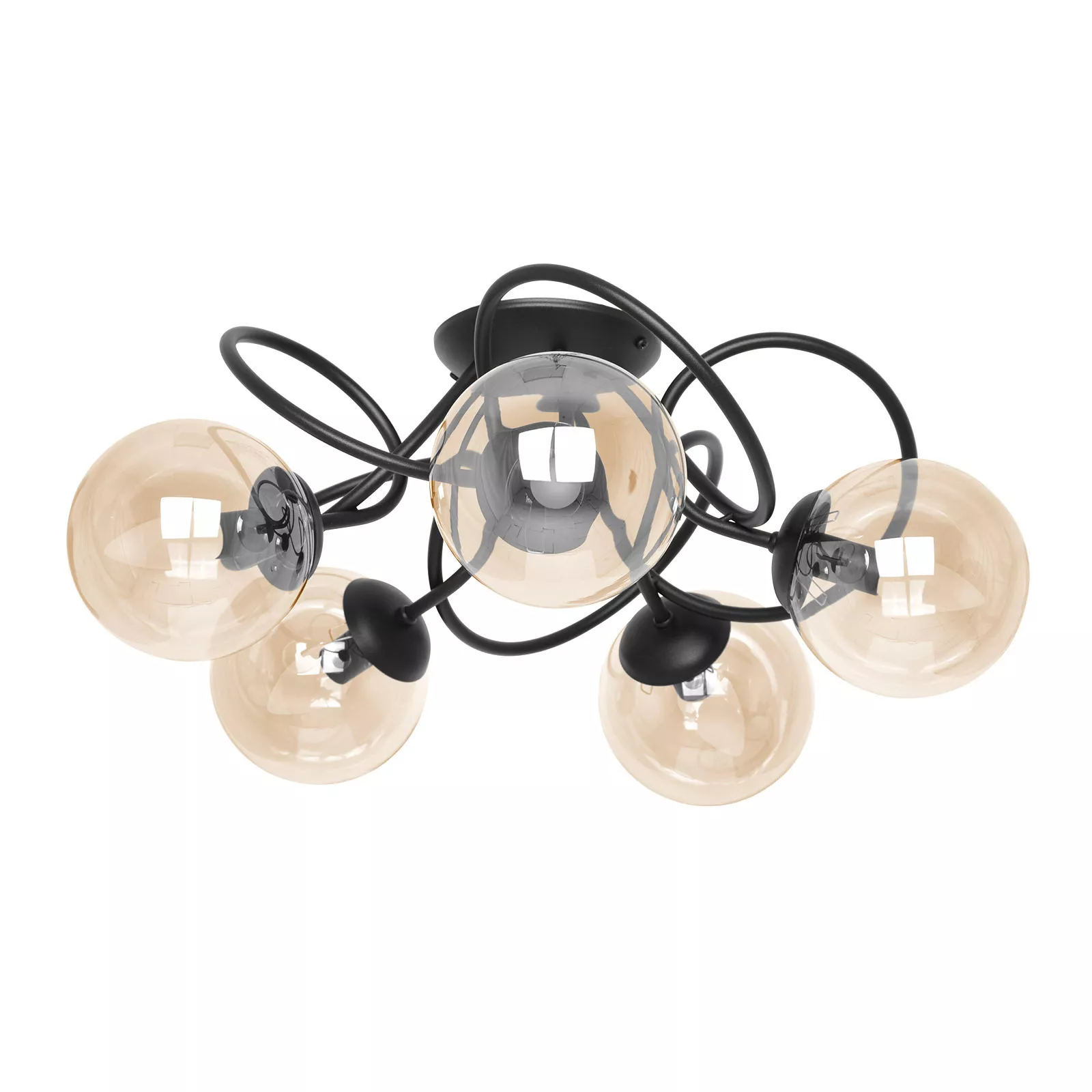 Lampa sufitowa Floro 5 z pięcioma kulistymi kloszami z przydymionego szkła i czarną, dynamiczną konstrukcją – idealna do salonu lub sypialni.