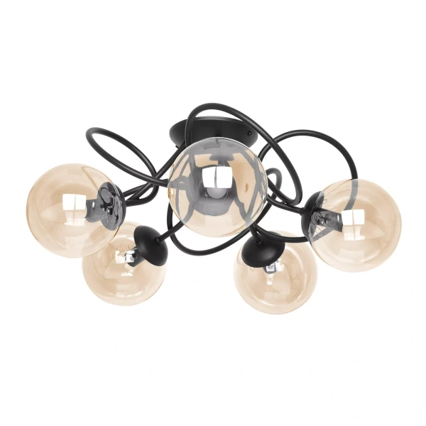 Lampa sufitowa Floro 5 z pięcioma kulistymi kloszami z przydymionego szkła i czarną, dynamiczną konstrukcją – idealna do salonu lub sypialni.