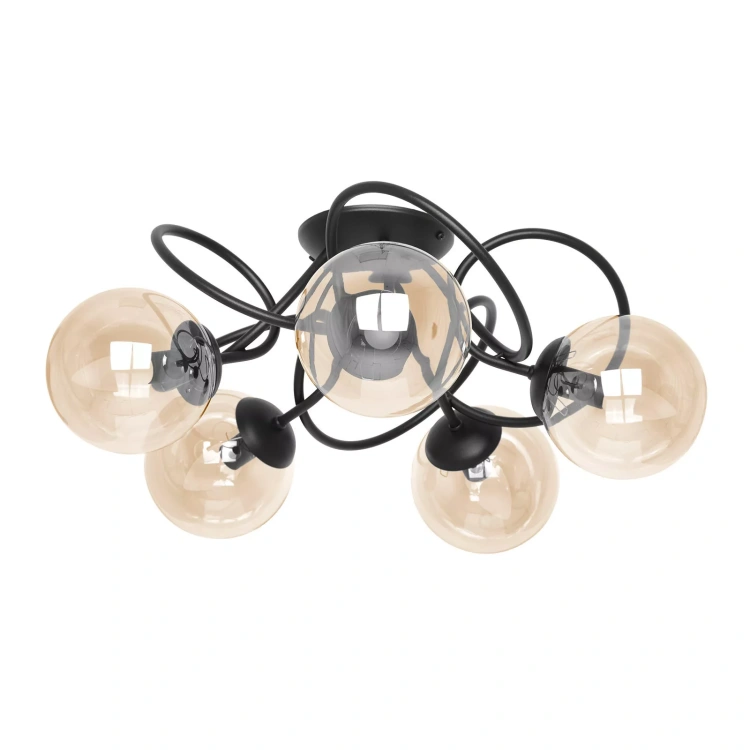 Lampa sufitowa Floro 5 z pięcioma kulistymi kloszami z przydymionego szkła i czarną, dynamiczną konstrukcją – idealna do salonu lub sypialni.
