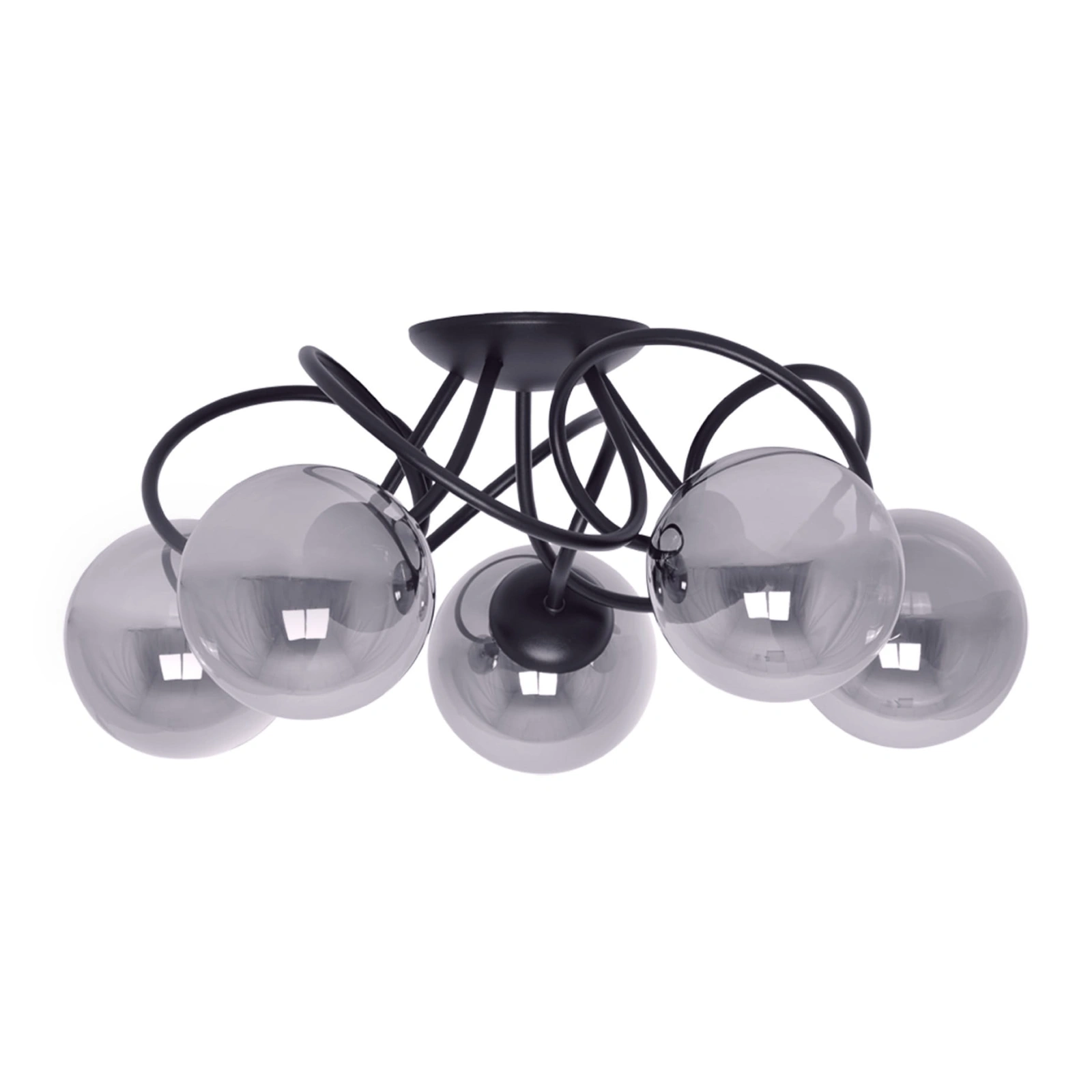 Lampa sufitowa Rubi 5 z pięcioma przydymionymi kloszami w kulistym kształcie i czarną konstrukcją – nowoczesne oświetlenie do salonu.