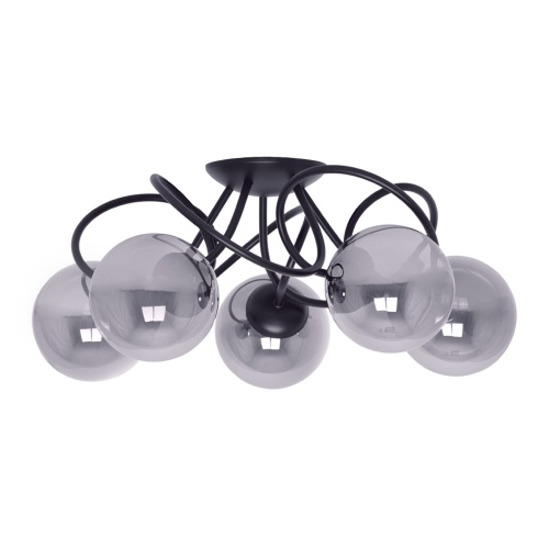 Lampa sufitowa Rubi 5 z pięcioma przydymionymi kloszami w kulistym kształcie i czarną konstrukcją – nowoczesne oświetlenie do salonu.