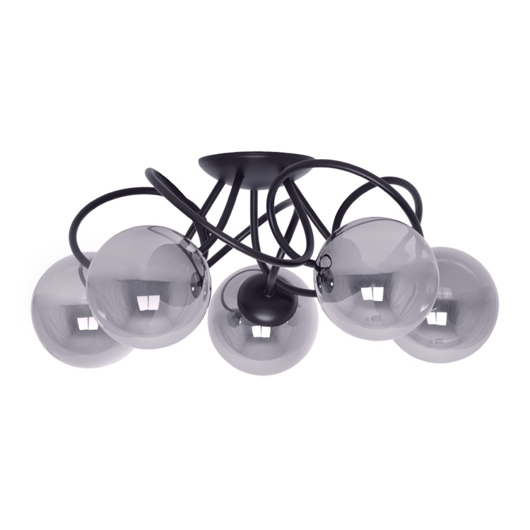 Lampa sufitowa Rubi 5 z pięcioma przydymionymi kloszami w kulistym kształcie i czarną konstrukcją – nowoczesne oświetlenie do salonu.