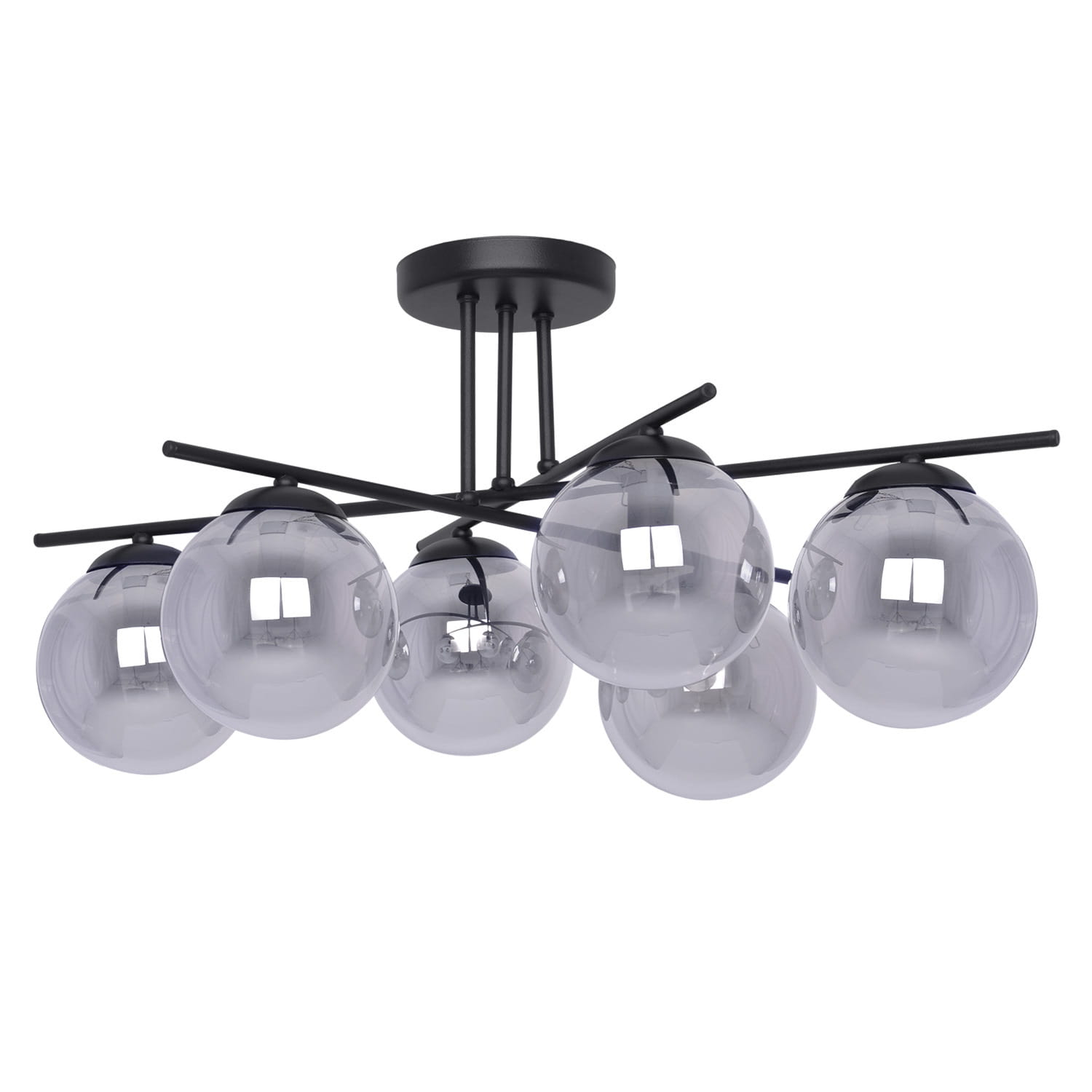 Lampa sufitowa Gamma 6 z sześcioma kulistymi kloszami z przydymionego szkła i czarną metalową konstrukcją – nowoczesne oświetlenie do salonu.