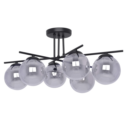 Lampa sufitowa Gamma 6 z sześcioma kulistymi kloszami z przydymionego szkła i czarną metalową konstrukcją – nowoczesne oświetlenie do salonu.