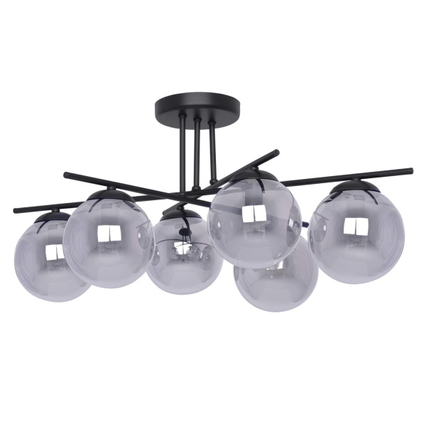 Lampa sufitowa Gamma 6 z sześcioma kulistymi kloszami z przydymionego szkła i czarną metalową konstrukcją – nowoczesne oświetlenie do salonu.