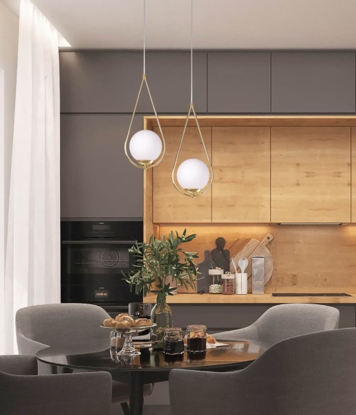 Lampa wisząca Neve 2 w kolorze mosiądzu z dwoma kulistymi kloszami – elegancka oprawa oświetleniowa do nowoczesnych wnętrz.  Wizualizacja