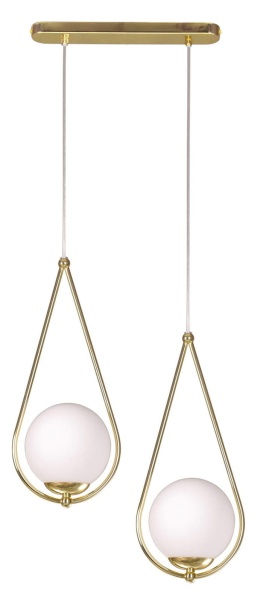 Lampa wisząca Neve 2 w kolorze mosiądzu z dwoma kulistymi kloszami – elegancka oprawa oświetleniowa do nowoczesnych wnętrz.