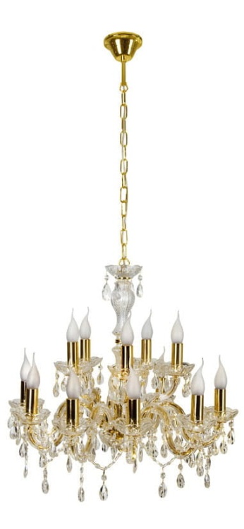 Żyrandol Maria Teresa 12 – złoty, pałacowy żyrandol z dwunastoma ramionami i kryształowymi zdobieniami