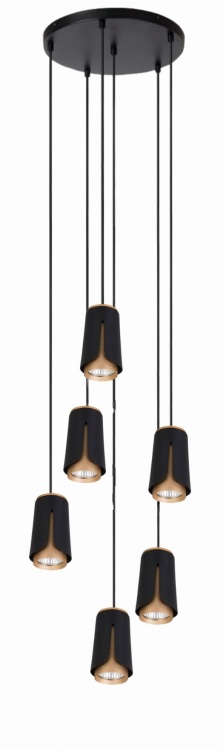 Nowoczesna lampa wisząca Flower 6 black - gold z sześcioma czarnymi kloszami o złotym wnętrzu, zawieszonymi na regulowanych przewodach; idealna do wnętrz glamour i loft