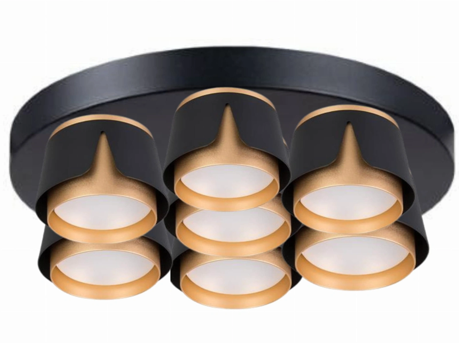 Nowoczesna lampa sufitowa Flower 7 czarno-złota metalowa, plafon z siedmioma kloszami o geometrycznym kształcie
