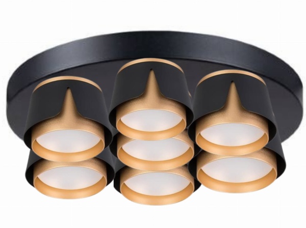Nowoczesna lampa sufitowa Flower 7 czarno-złota metalowa, plafon z siedmioma kloszami o geometrycznym kształcie