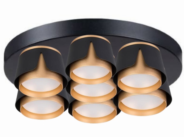 Nowoczesna lampa sufitowa Flower 7 czarno-złota metalowa, plafon z siedmioma kloszami o geometrycznym kształcie