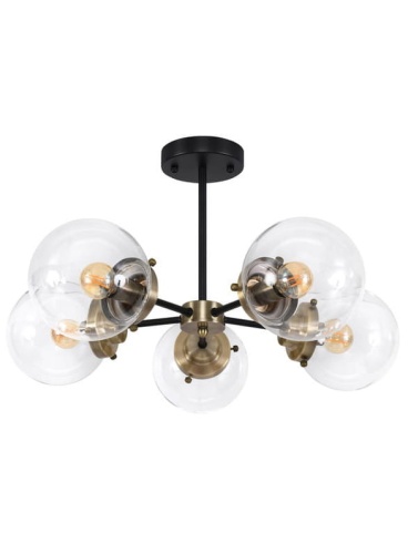 Lampa sufitowa Lens 5 czarny z patyną – metalowa konstrukcja z pięcioma szklanymi kloszami w stylu retro i loft